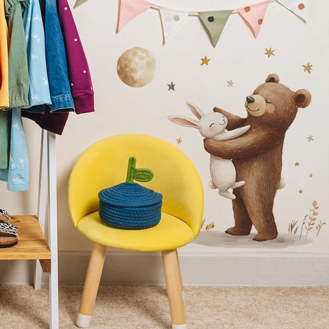 Cartoon Bear Rabbit Hugging Wall Stickers For Kids Bedroom Nursery Decor PVC Watercolor Moon Stars Decorative Wall Decal