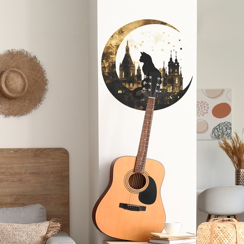 Creative Cat Moon Castle Silhouette Wall Sticker Gold Texture Crescent Starry Night PVC Decorative Decal For Bedroom Home Decor