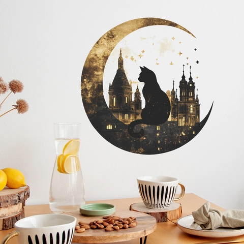 Creative Cat Moon Castle Silhouette Wall Sticker Gold Texture Crescent Starry Night PVC Decorative Decal For Bedroom Home Decor