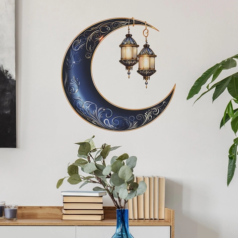 Pegatina de Pared Ramadan Luna y Linterna Dorada PVC Azul Marino Oro Arabesco Mural Decorativo Para Sala de Estar Dormitorio