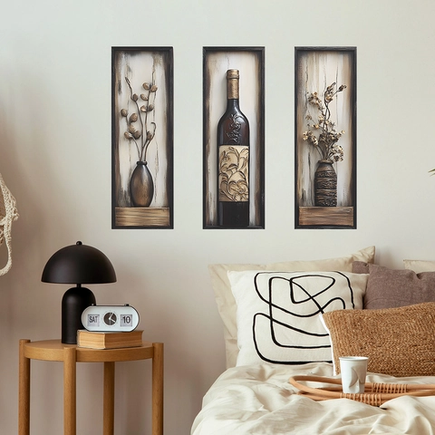 3 Stück Retro Vase Weinflasche 3D-Effekt Wandaufkleber PVC Abnehmbare Wandtattoos Für Wohnzimmer Schlafzimmer Home Decor Wandbild