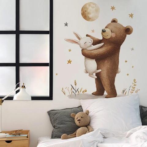 Cartoon Bear Rabbit Hugging Wall Stickers For Kids Bedroom Nursery Decor PVC Watercolor Moon Stars Decorative Wall Decal
