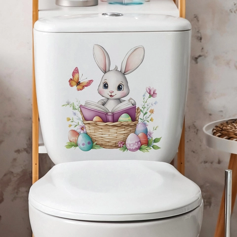 Adesivo per Toilette Con Coniglio Cartone Che Legge Libro Uovo di Pasqua Fiore Impermeabile PVC Decalcomania da Muro