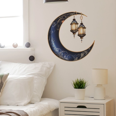 Pegatina de Pared Ramadan Luna y Linterna Dorada PVC Azul Marino Oro Arabesco Mural Decorativo Para Sala de Estar Dormitorio