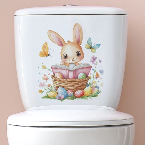 Pegatina de Inodoro de Conejo Leyendo Libro Huevo de Pascua Mariposa PVC Acuarela Calcomanía de Pared para Baño