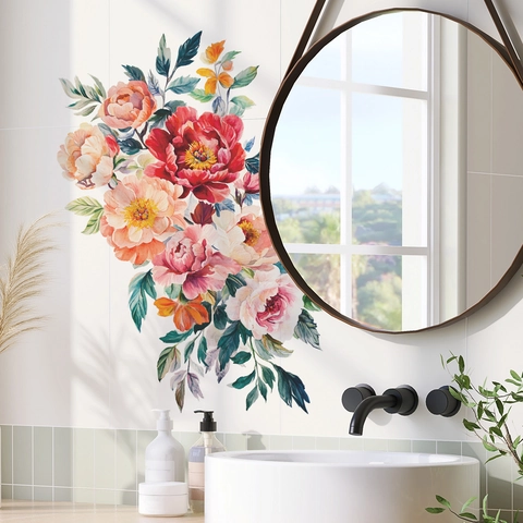 Adesivi Murali con Fiori di Peonia ad Acquerello e Foglie Verdi in PVC Autoadesivi Decalcomanie Floreali per Camera da Letto Soggiorno Bagno Decorazione