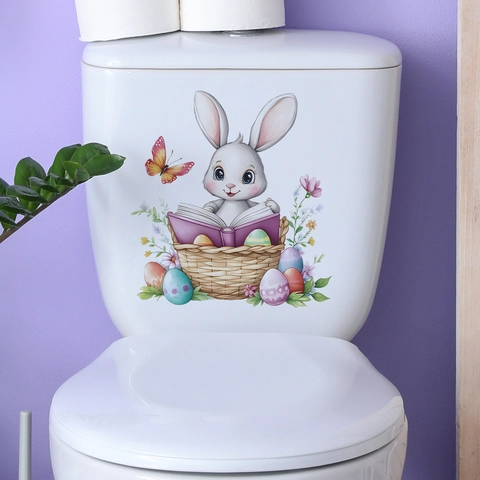 Adesivo per Toilette Con Coniglio Cartone Che Legge Libro Uovo di Pasqua Fiore Impermeabile PVC Decalcomania da Muro