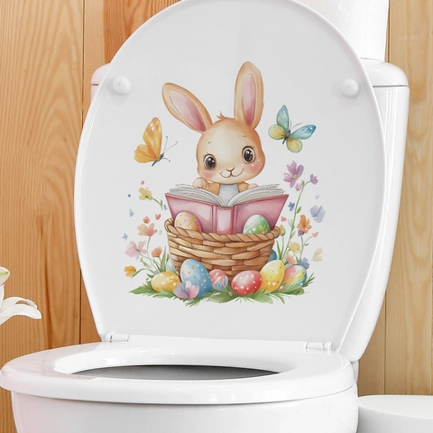 Pegatina de Inodoro de Conejo Leyendo Libro Huevo de Pascua Mariposa PVC Acuarela Calcomanía de Pared para Baño