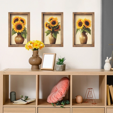 Adesivo da Parete PVC Vaso di Girasole Vintage Triplo Decalcomania Floreale per Soggiorno Camera da Letto Decorazione Estetica