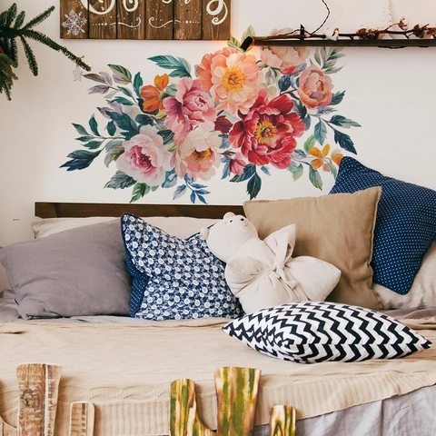 Adesivi Murali con Fiori di Peonia ad Acquerello e Foglie Verdi in PVC Autoadesivi Decalcomanie Floreali per Camera da Letto Soggiorno Bagno Decorazione