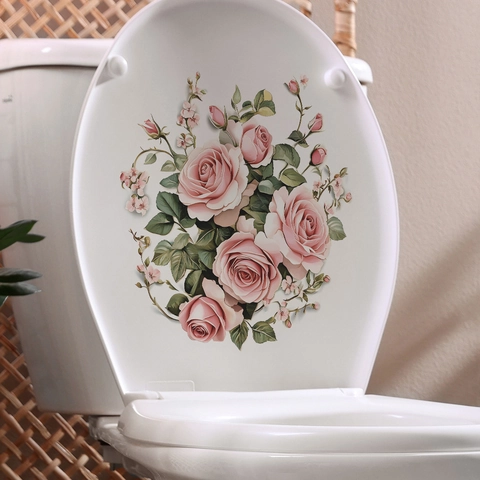 Adesivo per Coperchio del Gabinetto con Rose Rosa in PVC Impermeabile Decalcomania da Parete Floreale per Bagno Arte Decorativa per Casa
