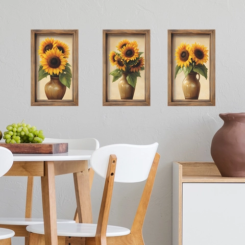 Adesivo da Parete PVC Vaso di Girasole Vintage Triplo Decalcomania Floreale per Soggiorno Camera da Letto Decorazione Estetica