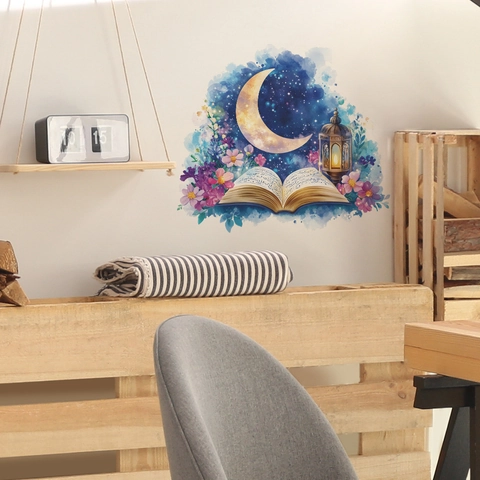 Pegatina de Pared Acuarela Luna Linterna Corán Libro Floral PVC Removible Ramadan Eid Mural de Arte para Decoración del Hogar Dormitorio Sala