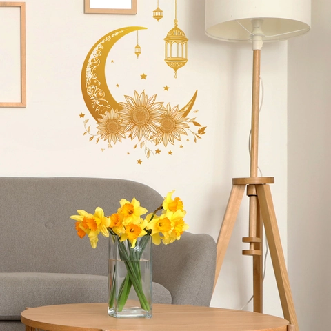 Pegatina de Pared de Luna y Girasol Dorado de PVC Metálico Calcomanía de Media Luna Flores Estrellas Linterna Para Dormitorio