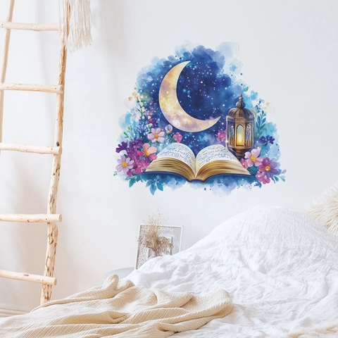 Pegatina de Pared Acuarela Luna Linterna Corán Libro Floral PVC Removible Ramadan Eid Mural de Arte para Decoración del Hogar Dormitorio Sala