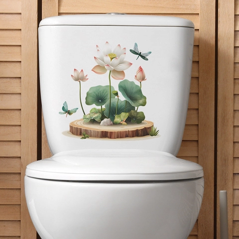Chinesischer Stil Lotus Blume Toilettendeckel Aufkleber Wasserdicht PVC Abnehmbare Badezimmer Wandtattoo Mit Libellen Muster Dekor
