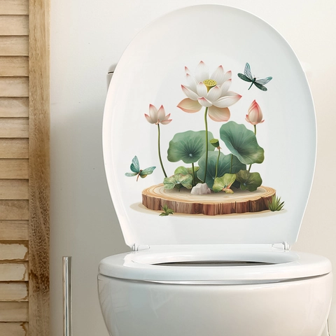 Chinesischer Stil Lotus Blume Toilettendeckel Aufkleber Wasserdicht PVC Abnehmbare Badezimmer Wandtattoo Mit Libellen Muster Dekor