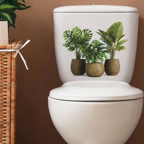 Modern Potted Green Plants Toilet Sticker Waterproof PVC Tropical Leaves Monstera Wall Decal For Bathroom Restroom Decoration Self Adhesive