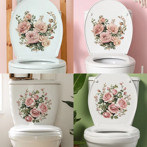 Adesivo per Coperchio del Gabinetto con Rose Rosa in PVC Impermeabile Decalcomania da Parete Floreale per Bagno Arte Decorativa per Casa