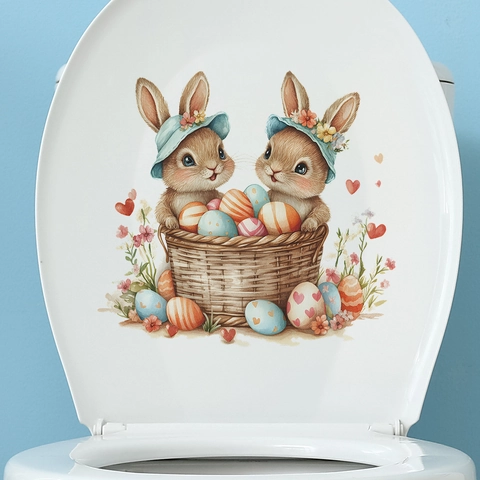 Paashaas Met Gekleurde Eieren Toiletzitje Sticker PVC Waterdicht Badkamer Muursticker Feestelijke Huis Decoratie