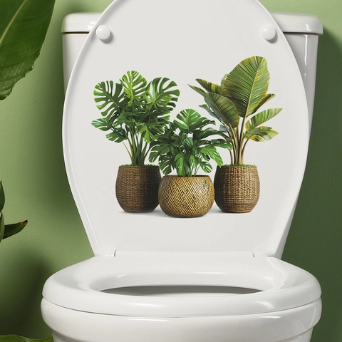 Modern Potted Green Plants Toilet Sticker Waterproof PVC Tropical Leaves Monstera Wall Decal For Bathroom Restroom Decoration Self Adhesive