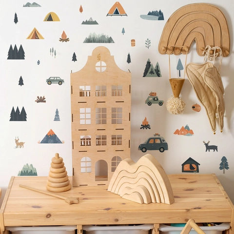 Cartoon Camping Theme PVC Wall Sticker For Kids Room DIY Removable Mountain Tent Deer Trees Adventure Car Wall Decals