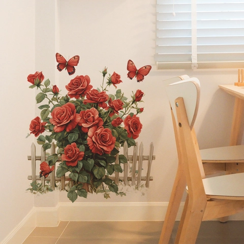 Romantic Red Rose Wall Stickers With Butterfly And Fence Pastoral PVC Decals For Bedroom Living Room Background Decoration