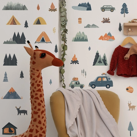 Cartoon Camping Theme PVC Wall Sticker For Kids Room DIY Removable Mountain Tent Deer Trees Adventure Car Wall Decals