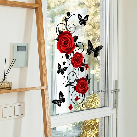 Rote Rose Schwarzer Schmetterling Wandtattoo Wasserdicht PVC Abnehmbar Blume Dekor Für Wohnzimmer Schlafzimmer Wandhintergrund
