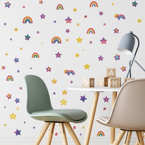 Adesivi Murali Unicorno Arcobaleno Stella Cartone Animato per Cameretta Bambini PVC Autoadesivo Dipinto a Mano Sfondi Decorativi Casa