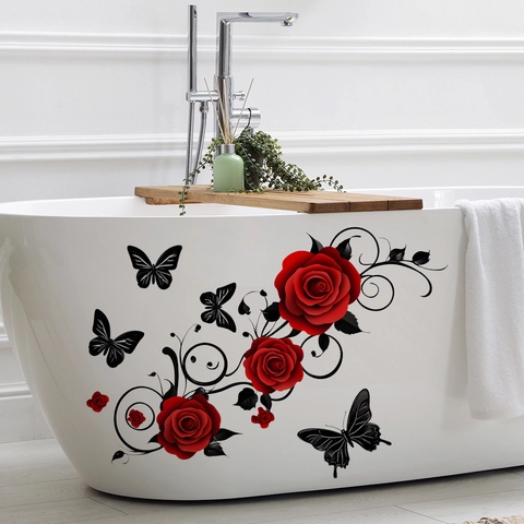 Rote Rose Schwarzer Schmetterling Wandtattoo Wasserdicht PVC Abnehmbar Blume Dekor Für Wohnzimmer Schlafzimmer Wandhintergrund