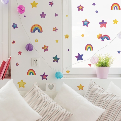 Adesivi Murali Unicorno Arcobaleno Stella Cartone Animato per Cameretta Bambini PVC Autoadesivo Dipinto a Mano Sfondi Decorativi Casa