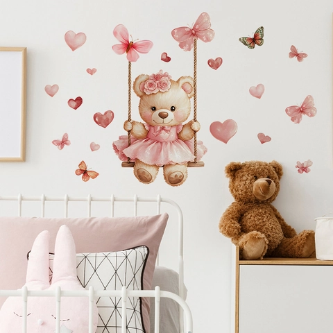 Aquarell Orso Cartone Animato su Altalena Farfalle Cuori Rosa Adesivi Murali PVC Decalcomanie Rimovibili Decorazione Casa