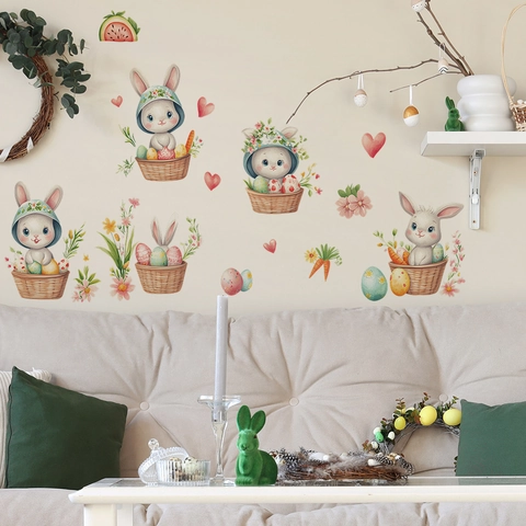 Adesivi Murali di Pasqua Coniglio Carino PVC Acquerello Fatto a Mano Coniglietto Carota Fiore Decalcomanie per Cameretta