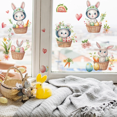 Adesivi Murali di Pasqua Coniglio Carino PVC Acquerello Fatto a Mano Coniglietto Carota Fiore Decalcomanie per Cameretta