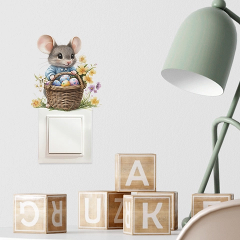 Cartoon Easter Mouse With Basket Eggs Wall Sticker PVC Removable Switch Decal For Kids Room Home Decorative Wall Mural