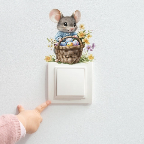 Cartoon Easter Mouse With Basket Eggs Wall Sticker PVC Removable Switch Decal For Kids Room Home Decorative Wall Mural