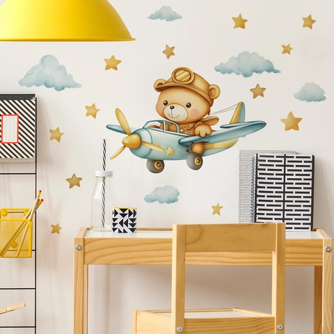 Cartoon Bear Pilot Airplane Wall Sticker PVC Decal For Kids Room Nursery Watercolor Stars Clouds Pattern Home Background