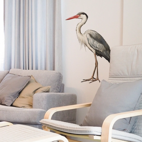 Sticker Mural Artistique Héron Cendré Grue en PVC Amovible Décoration Maison Murale pour Salon Chambre Thème Nature Décoration de Fond