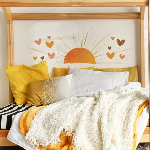 Bohemian Sun And Hearts Wall Sticker For Nursery Kids Room Decor Boho Style PVC Self Adhesive Earth Tone Mural Decals