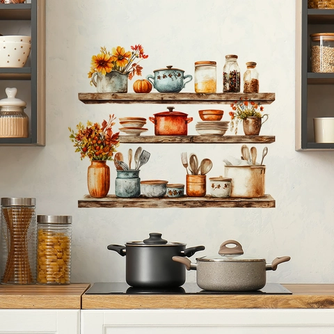 Watercolor Kitchen Shelf Wall Sticker PVC Removable Autumn Harvest Pots Flowers Decal For Dining Room Kitchen Home Decor