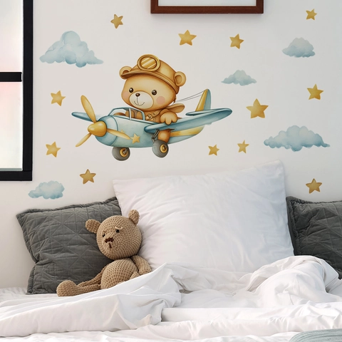 Cartoon Bear Pilot Airplane Wall Sticker PVC Decal For Kids Room Nursery Watercolor Stars Clouds Pattern Home Background