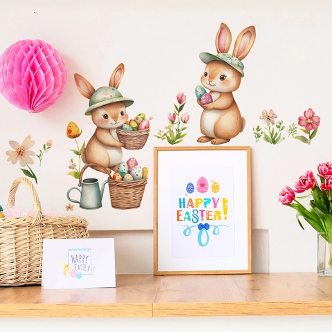 Stickers Muraux Lapin de Pâques Œuf et Fleur en PVC Amovible Lapin Aquarelle Décalcomanie pour Salon Chambre Décoration d'Intérieur