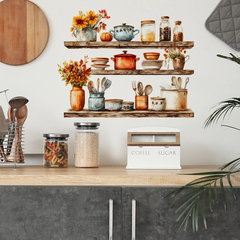 Watercolor Kitchen Shelf Wall Sticker PVC Removable Autumn Harvest Pots Flowers Decal For Dining Room Kitchen Home Decor