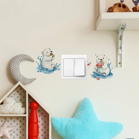 Cartoon Polar Bear Eating Watermelon Switch Sticker PVC Self Adhesive Decorative Wall Decal For Kids Room Bedroom Home