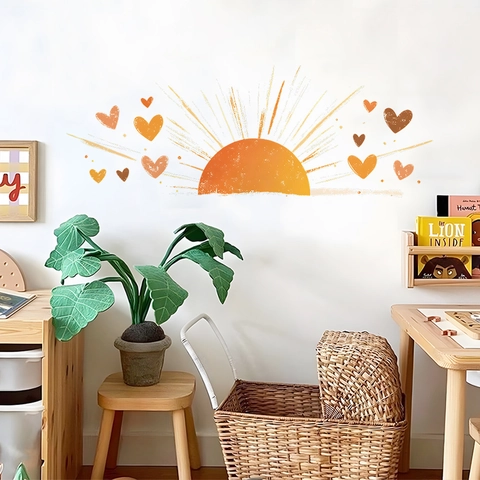 Bohemian Sun And Hearts Wall Sticker For Nursery Kids Room Decor Boho Style PVC Self Adhesive Earth Tone Mural Decals