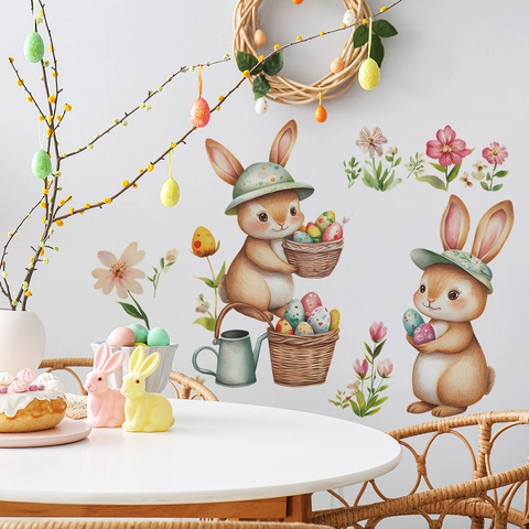 Stickers Muraux Lapin de Pâques Œuf et Fleur en PVC Amovible Lapin Aquarelle Décalcomanie pour Salon Chambre Décoration d'Intérieur