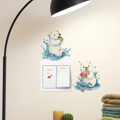 Cartoon Polar Bear Eating Watermelon Switch Sticker PVC Self Adhesive Decorative Wall Decal For Kids Room Bedroom Home