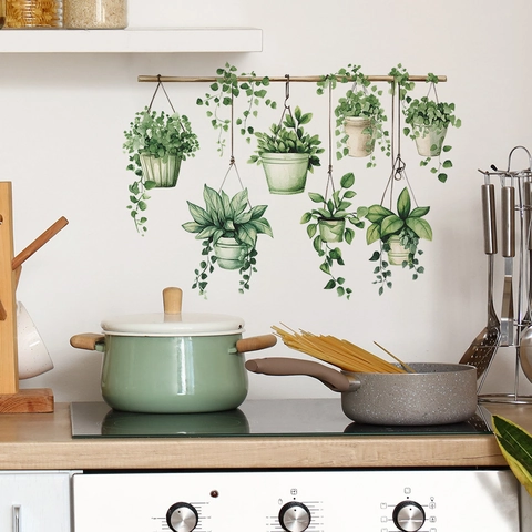 Pegatinas de Pared de Cesta Colgante de Plantas Verdes en Maceta Calcomanías de Estilo de Acuarela de PVC Para Sala de Estar Dormitorio Cocina Decoración del Hogar