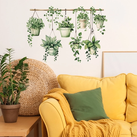Pegatinas de Pared de Cesta Colgante de Plantas Verdes en Maceta Calcomanías de Estilo de Acuarela de PVC Para Sala de Estar Dormitorio Cocina Decoración del Hogar